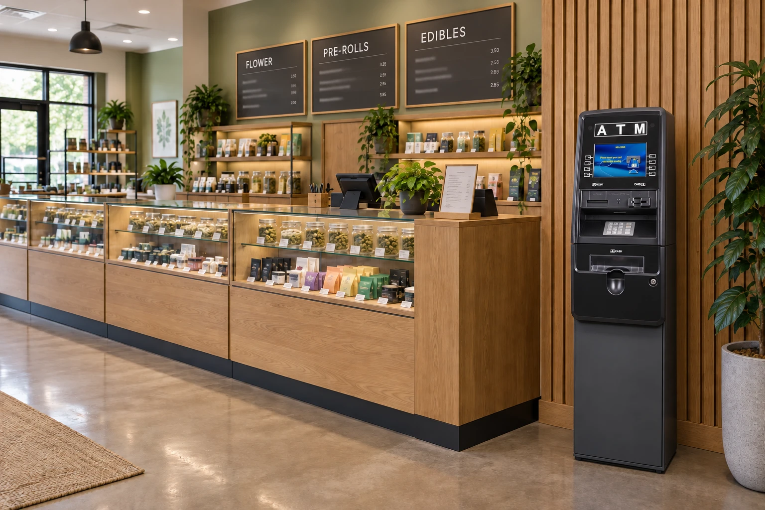 Illustrative dispensary with a charcoal floor-standing ATM matching the supplied equipment reference