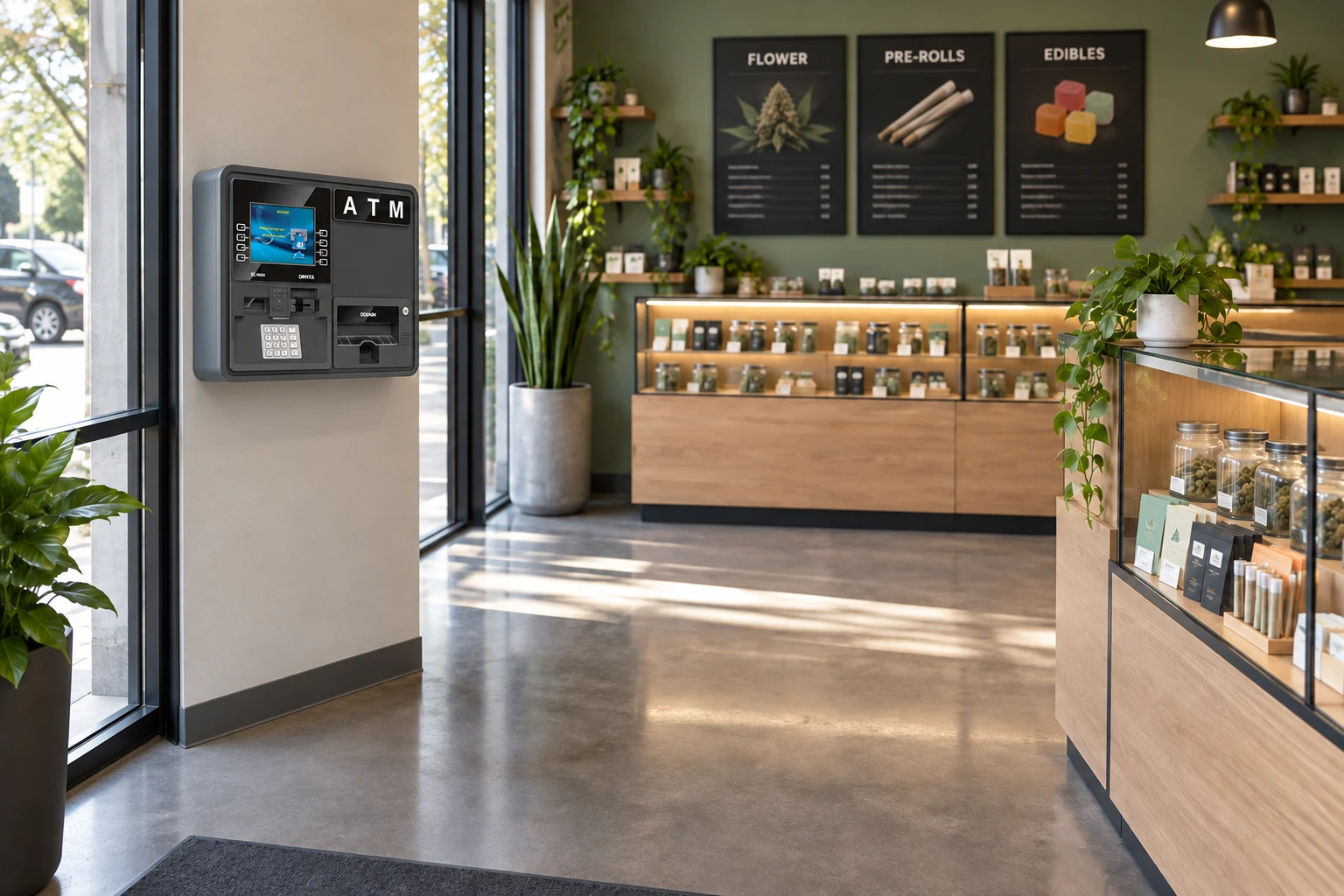 Modern cannabis dispensary with on-site cash access