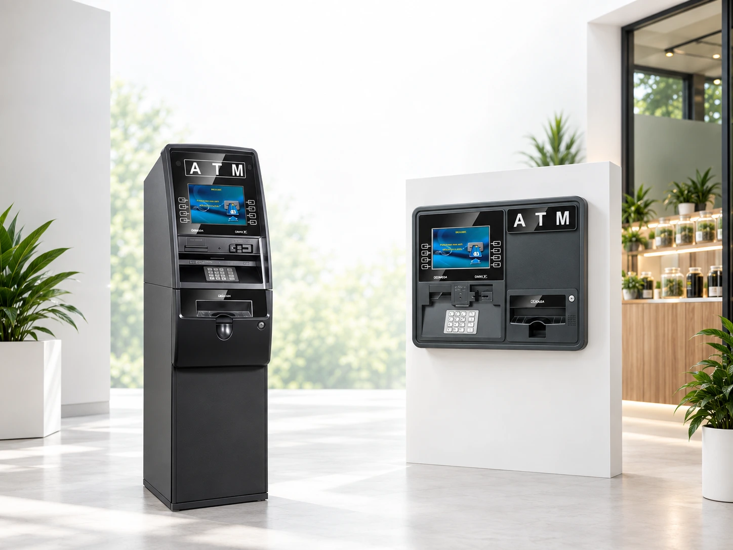 Illustrative bright showroom with a charcoal floor-standing ATM and a compact wall-mounted ATM, based on the supplied machine photographs